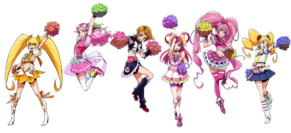 cure black ,cure sunshine ,misumi nagisa ,yumehara nozomi multiple girls pink hair twintails skirt pom pom (cheerleading) blonde hair long hair  illustration images