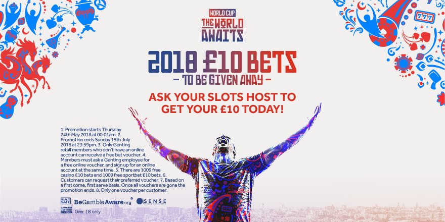 To celebrate the World Cup, we’re giving away £10 free bets for our online casino and sportsbook. Simply visit us and ask one of our Slots Hosts to claim your free bet voucher.

Once they’re gone, they’re gone! 

Full T&amp;Cs here fal.cn/yPV2