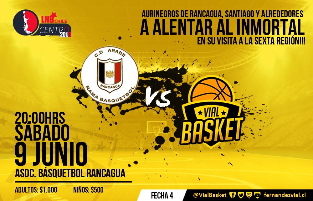 VialBasket's tweet photo. ¡SIGUE AL 'AURI' POR CHILE ENTERO!
Este sábado a las 20:00 horas en el Gimnasio de la Asociación de Básquetbol de Rancagua (Cuevas Nro 154), Vial Basket enfrentará a Árabe por la cuarta fecha de la LNB Chile-Centro. #YaVial 💛🖤🏀 https://t.co/SnHMoH2Bbo