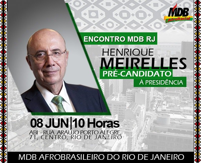 É amanhã, pessoal! Vamos nos mobilizar para o encontro, aqui no Rio, com o nosso pré-candidato à presidência. #ChamaOMeirelles
<a href="/MDB_Nacional/">MDB Nacional</a> @planalto <a href="/meirelles/">Henrique Meirelles</a>