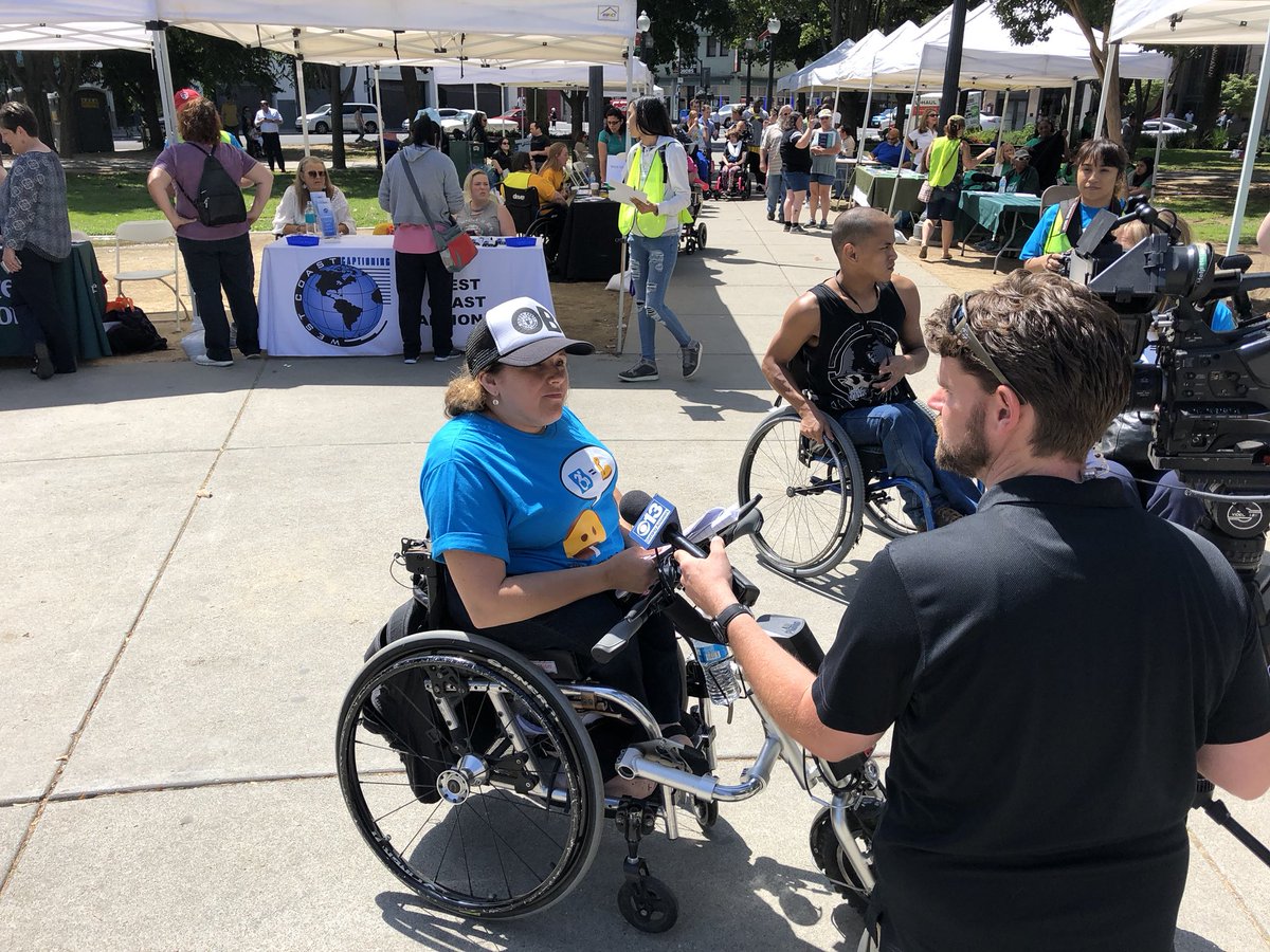 MadelineCowdell's tweet photo. .@_CFILC Executive Director shares her message of “disability rights are civil rights” with @CBSSacramento during a rally in Downtown Sac. #DCAD2018 https://t.co/HLDCtSDFep