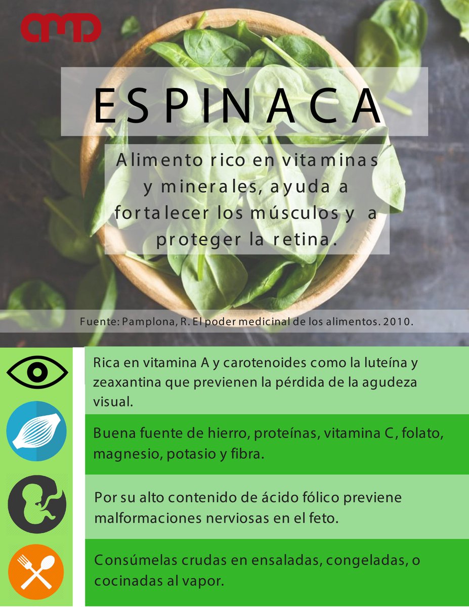 ¿Conoces algunos de los beneficios de consumir espinacas? Incluye espinacas en tus alimentos es fuente de vitaminas y minerales.
FUENTE: Pamplona, R. El poder medicinal de los alimentos. 2010.