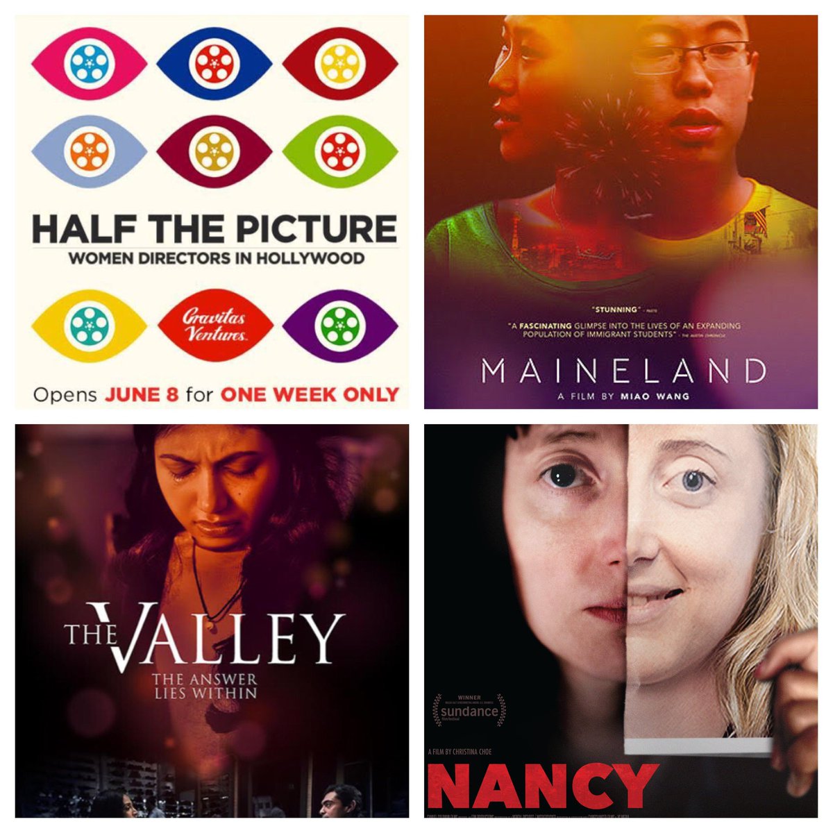 FilmFatalesOrg's tweet photo. It's a big weekend for theatrical releases of features directed by members of #FilmFatales!

Half the Picture by Amy Adrion, Maineland by Miao Wang, Nancy by Christina Choe, &amp; The Valley by Saila Kariat all open in theaters on June 8th.

See you at the movies! #FatalesFriday https://t.co/GS8s9GWnrQ