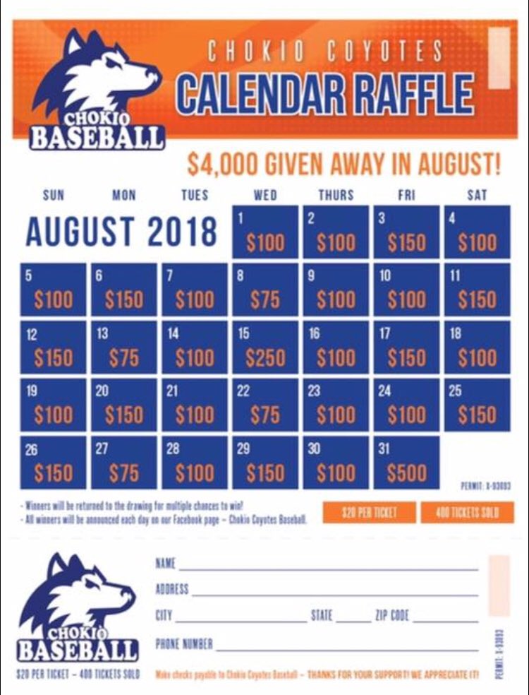 We will be doing a calendar raffle again this year! This will be going towards new uniforms and a batting cage that is being put up at the field. $20/ticket