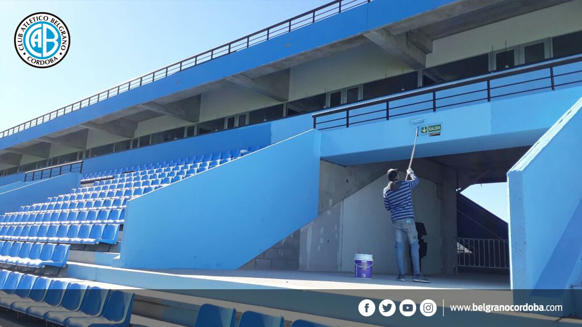 Belgrano's tweet photo. 🔵🌞¡Jueves bien radiante y celeste! Junto a @Tersuaveonline, seguimos pintando la Tribuna Cuellar en el estadio de #Belgrano. 
🏟El día se destina a colorear la parte baja. https://t.co/NC7d1Gjc3j