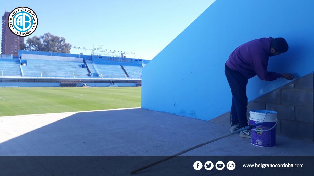Belgrano's tweet photo. 🔵🌞¡Jueves bien radiante y celeste! Junto a @Tersuaveonline, seguimos pintando la Tribuna Cuellar en el estadio de #Belgrano. 
🏟El día se destina a colorear la parte baja. https://t.co/NC7d1Gjc3j