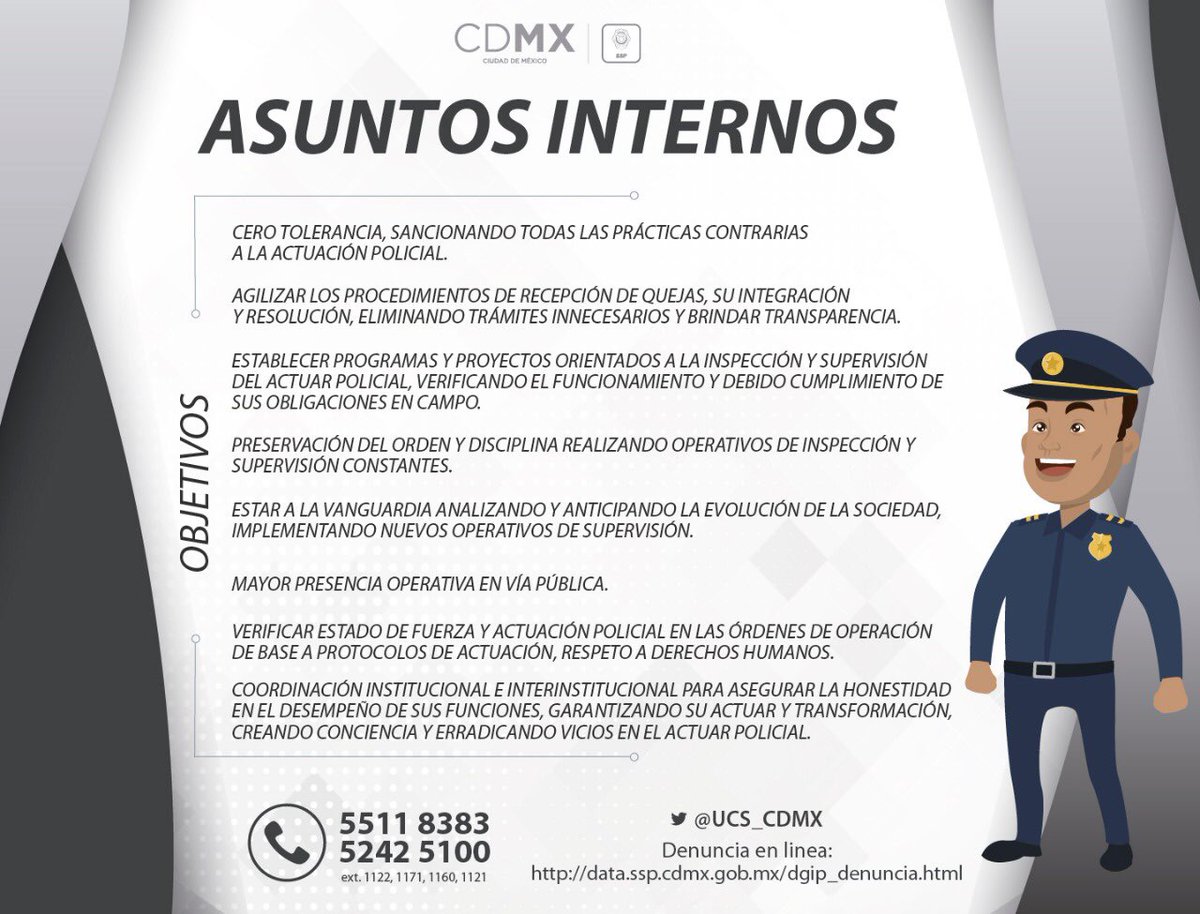 hiramalmeidae's tweet photo. Asuntos Internos, pieza angular de la Secretaría de Seguridad Pública, vigila que los Policías de la Ciudad de México, procedan conforme a las disposiciones legales que rigen su actuación, no tolerando actos de corrupción o abuso policial bajo un esquema de TENDENCIA CERO. https://t.co/leMGYMzwXh