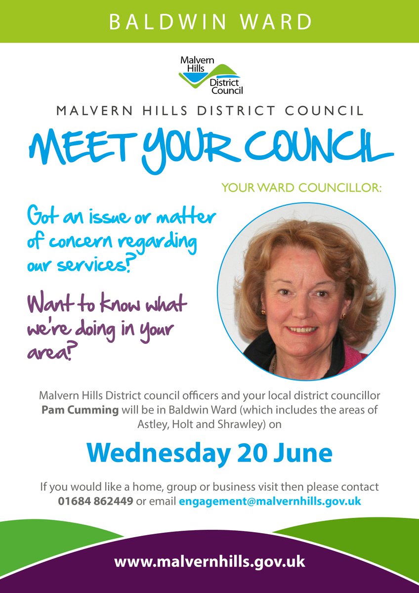MalvernHills_DC's tweet photo. Live or work in the Astley, Holt or Shrawley area? District Cllr Pam Cumming will be out and about talking to residents, groups and businesses in the area on Wed 20 June. Get in touch if you would like a visit. #Malvern #Worcestershire #Shrawley #Astley #Holt https://t.co/L29O1QsdLV