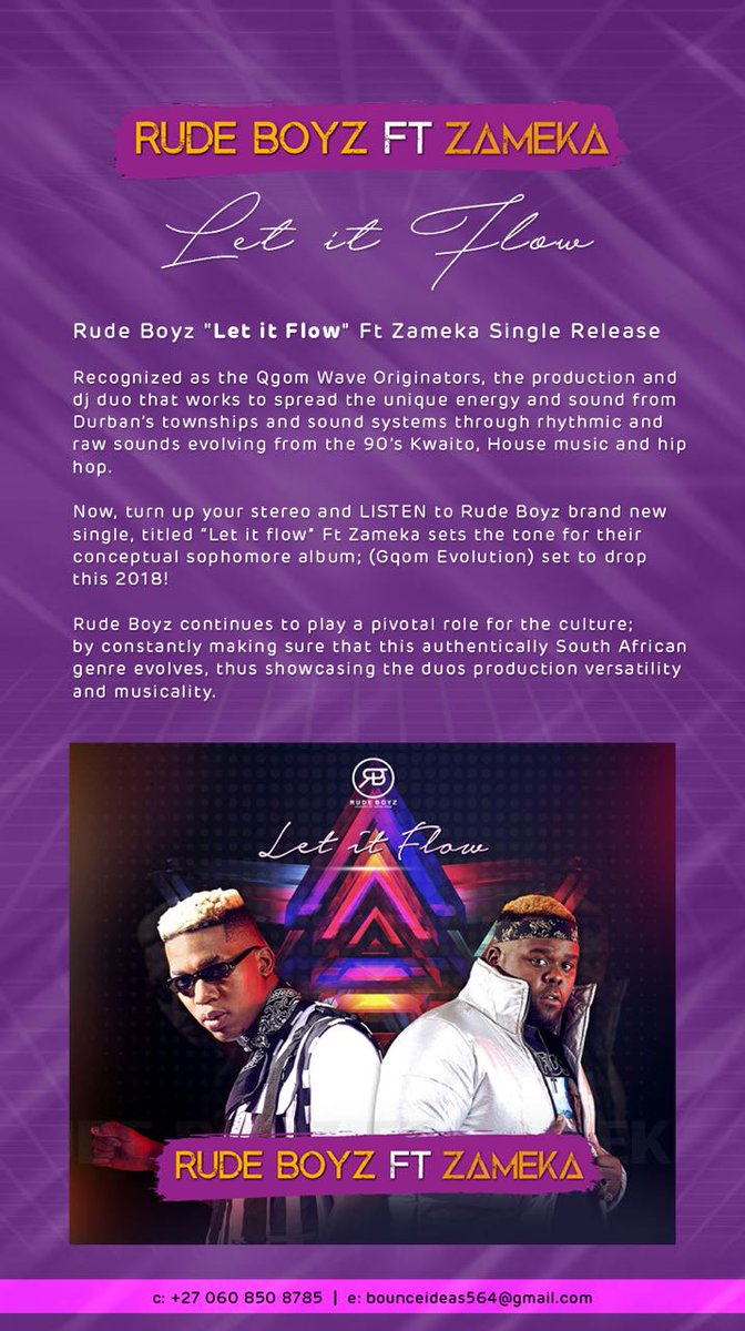 IAmLazolaPOTJ's tweet photo. Listen @rudeboyzsa New Single #LetItFlow feat @zamekasa Here - https://t.co/o4U9Qz3G08
#LetItFlow
#RudeBoyz
#VeryRare
#GqomEvolution
#VisualsComingSoon https://t.co/Y8MZCGwFFD