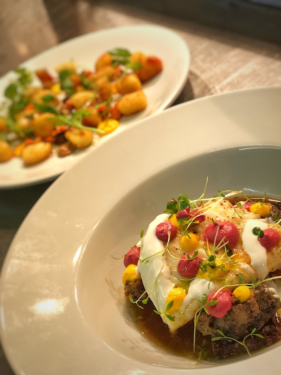 Its looking a lot like #summer here. Turbot on special, served with <a href="/HMButchers/">Hugh Maguire - The Smokin’ Butcher</a> smoked black pudding beignet, @VelvetCloud_ie sheeps milk yogurt &amp; wild mushrooms. Gnocchi in the background @AzurLimerick