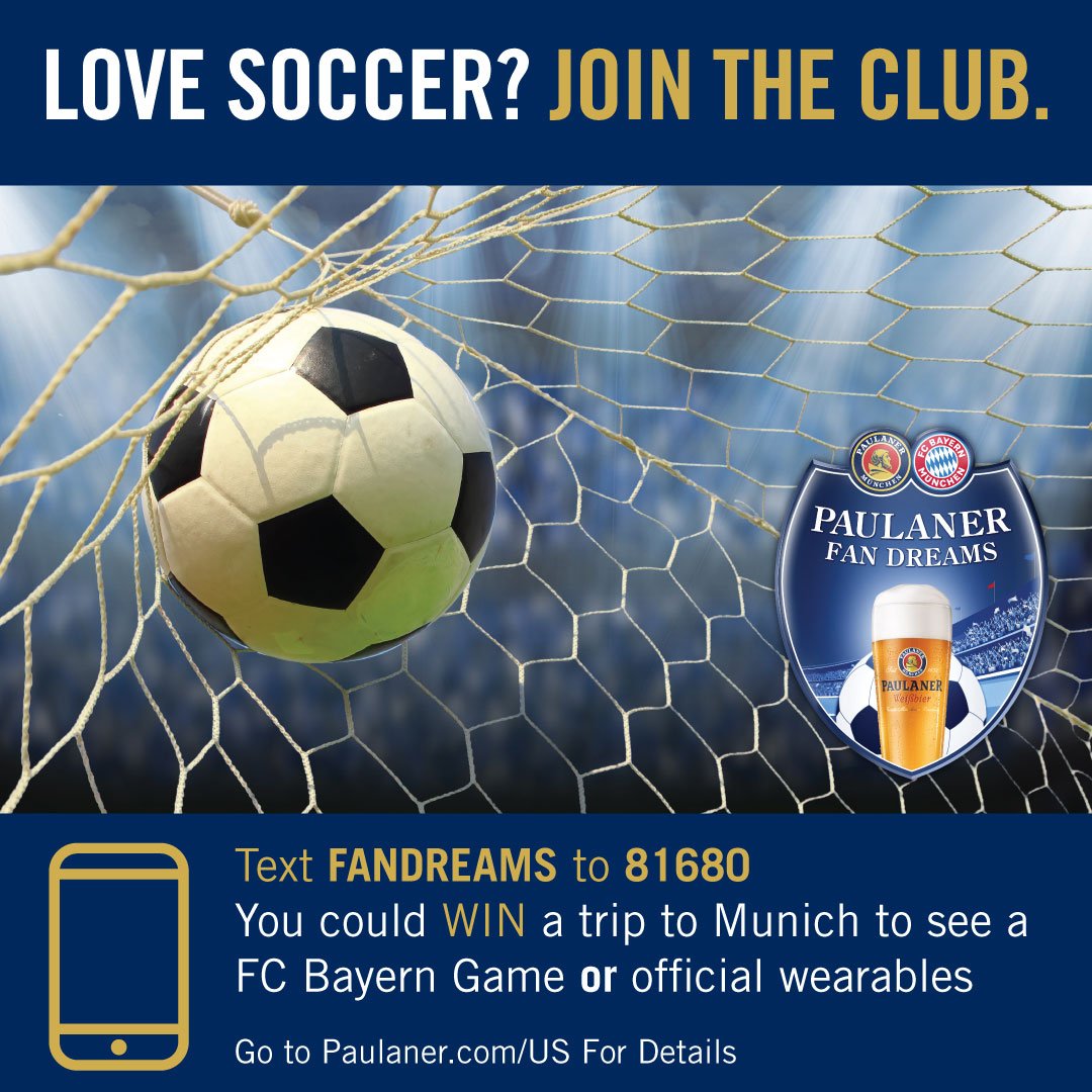 paulanerusa's tweet photo. Hey #soccer fans! We've got an amazing text-to-win #giveaway for you! Win official @FCBayernUS gear or even a trip to Munich to watch a match! #Bundesliga #FCBayern https://t.co/RLaO4p1S1C