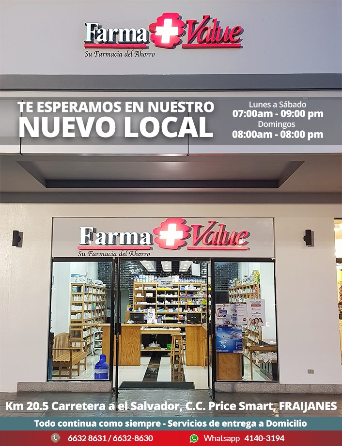 #FarmaValueGT NUEVO LOCAL!

Te estamos esperando en:
Km 20.5 Carretera a el Salvador, C.C. Price Smart, FRAIJANES.

Teléfonos: 6632 8631 / 6632-8630 
Whatsapp: 4140-3194

Seguimos con servicios a domicilio.
Seguimos como siempre!