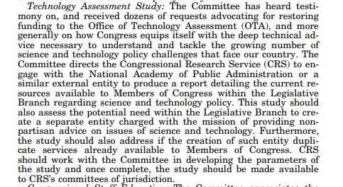 YuriBeckelman's tweet photo. Here's the Office of Technology Assessment (OTA) language already included in the committee report of the bill. A good sign of momentum for us to #BringBackOTA
https://t.co/XJXwWdvfNf https://t.co/eeudc7EheN