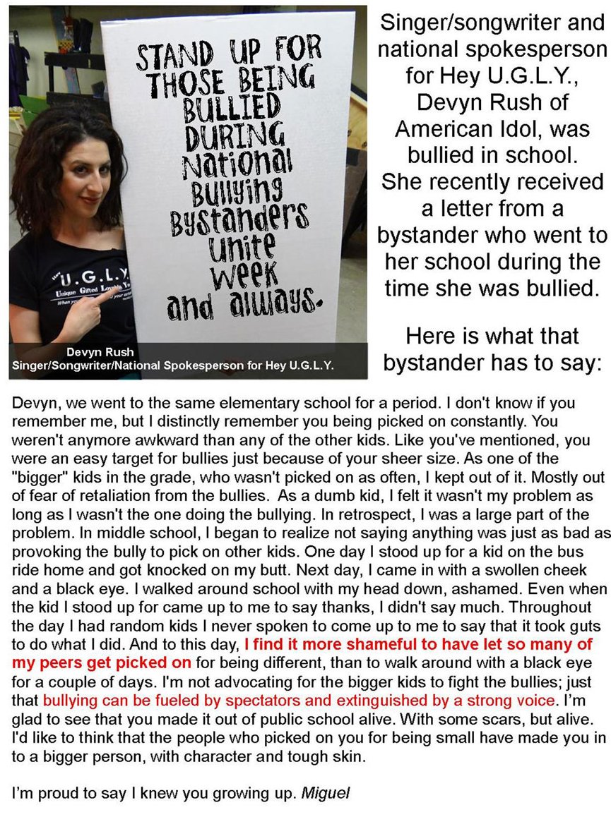 Hey U G L Y On Twitter Please Stand Up For Those Being Bullied Here Is A Boy S Story He Wished He Had Stood Up For Devyn Rush When They Were In School Devyn Does Hey twitter