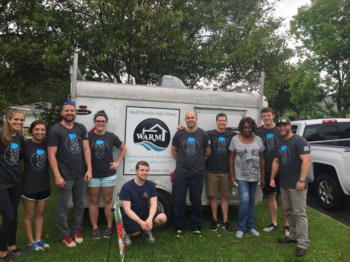 SalesforceVC's tweet photo. Hosting #CloudGivesBack in North Carolina! @nCino’s Outreach Group known as #nVolve, helped out a local Wilmington, NC resident (Ms. Jackie) with much-needed home repairs with @WARMNC. @PledgeOne https://t.co/6U6ekcGe3m