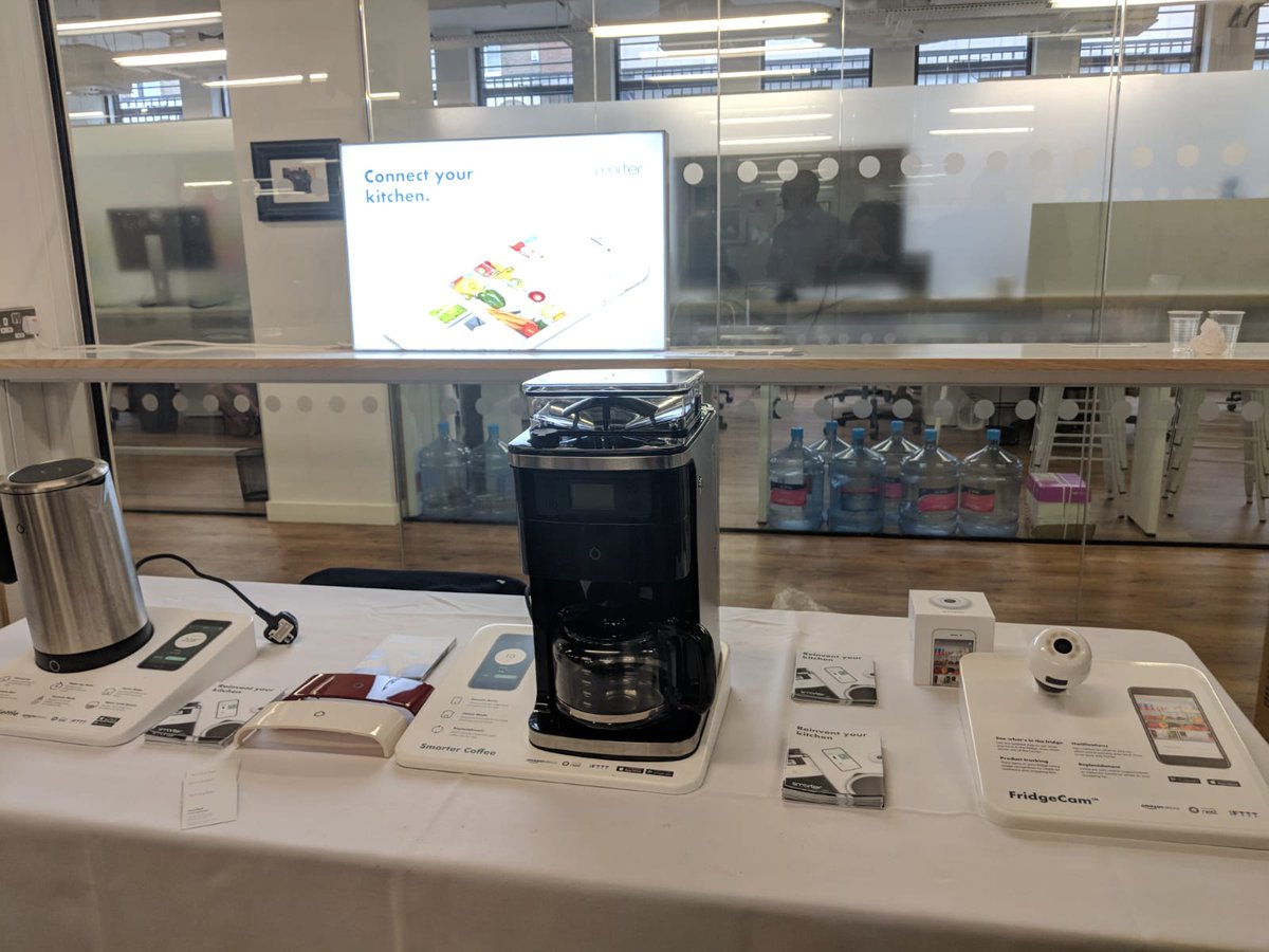 Smarter_AM's tweet photo. We're live at @HdwPioneers #IoT and #ConnectedHardware Showcase 2018 right here in London. If you're there go say hello to our friendly Smarter team members Uzzi and Sarah. #LiveSmarter #FridgeCam #iKettle #SmarterCoffee https://t.co/IBq1tG4Y7M