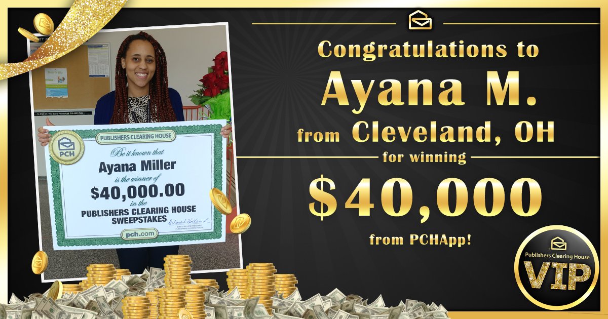 pchdotcom's tweet photo. A little Thursday celebration! Danielle of the PCH Prize Patrol just surprised Ayana M. from Cleveland, Ohio with $40,000! Ayana, 26 years old, is a #PCHVIP Elite and won from the #PCHAPP! Want to be a #PCHWinner?Enter for our 6/29 SuperPrize: https://t.co/6gfNXKMdn9 https://t.co/ndSf9UxulM