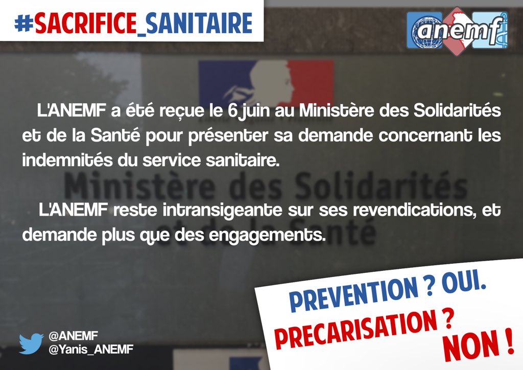 ANEMF's tweet photo. 💥 #SACRIFICE_SANITAIRE💥
L’ANEMF a été reçue le 6 juin @MinSoliSante.
La discussion autour des indemnités du #Service_Sanitaire est engagée !
Nous restons intransigeants. https://t.co/c9lXb97miq