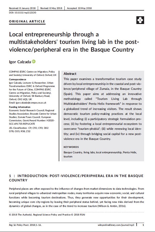ICalzada's tweet photo. New article #forthcoming in the #journal '#Regional #Science, #Policy & Practice' @WileyOnline entitled 'Local #Entrepreneurship through a
Multistakeholders' #Tourism #LivingLab in the Post #Violence/Peripheral era in the #BasqueCountry' via #ZumaiaLab https://t.co/EcmFkyXVLI https://t.co/7Si5ZVi10G