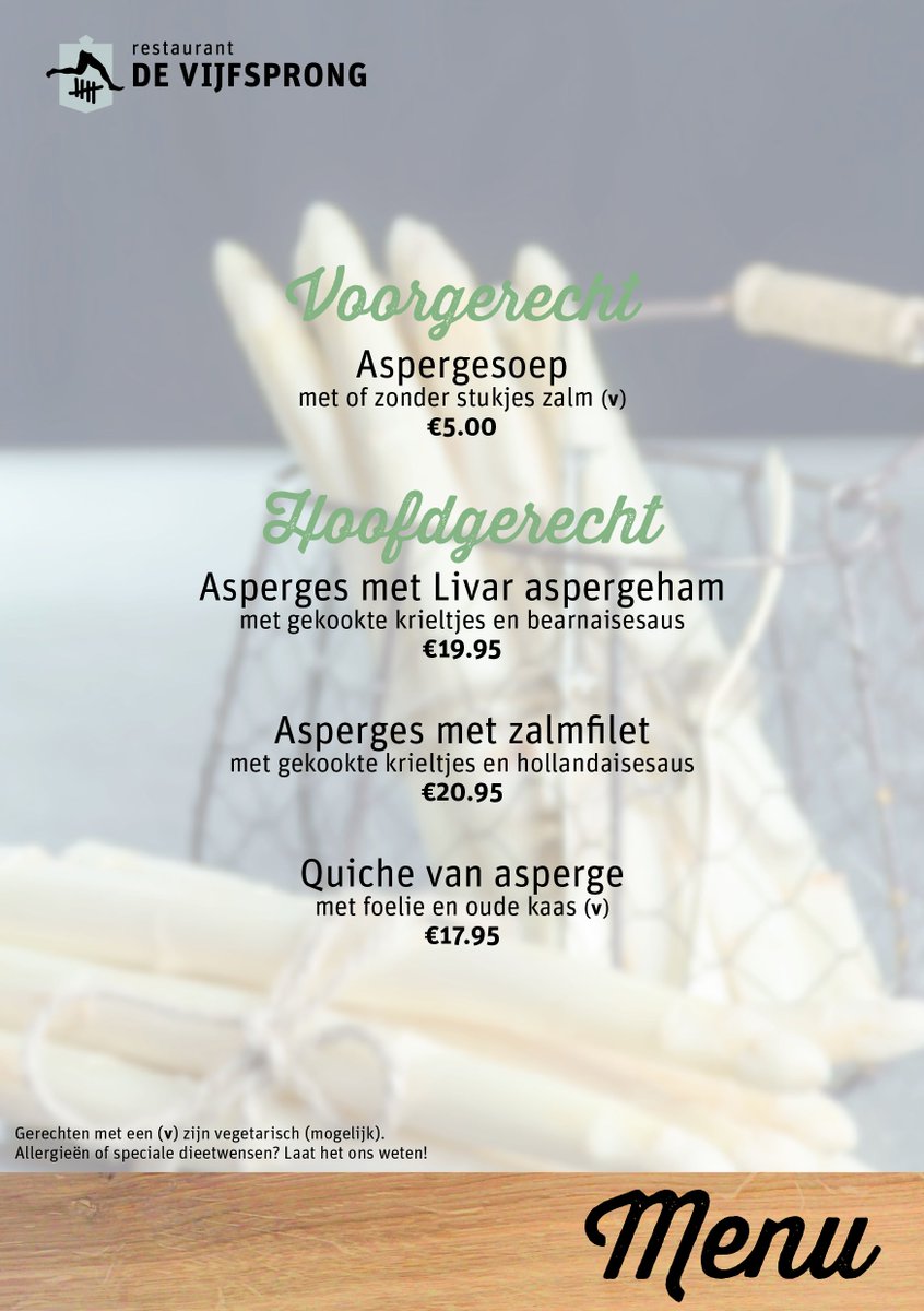 Van 22 tot en met 24 juni vieren we het einde van het Aspergeseizoen! Nog één laatste keer genieten van de lekkerste asperges. Bekijk hier wat er op het menu staat. Natuurlijk kun je ook gewoon van onze 'normale' kaart bestellen!

Reserveer nu je tafel via devijfsprong.com/aspergeweekend