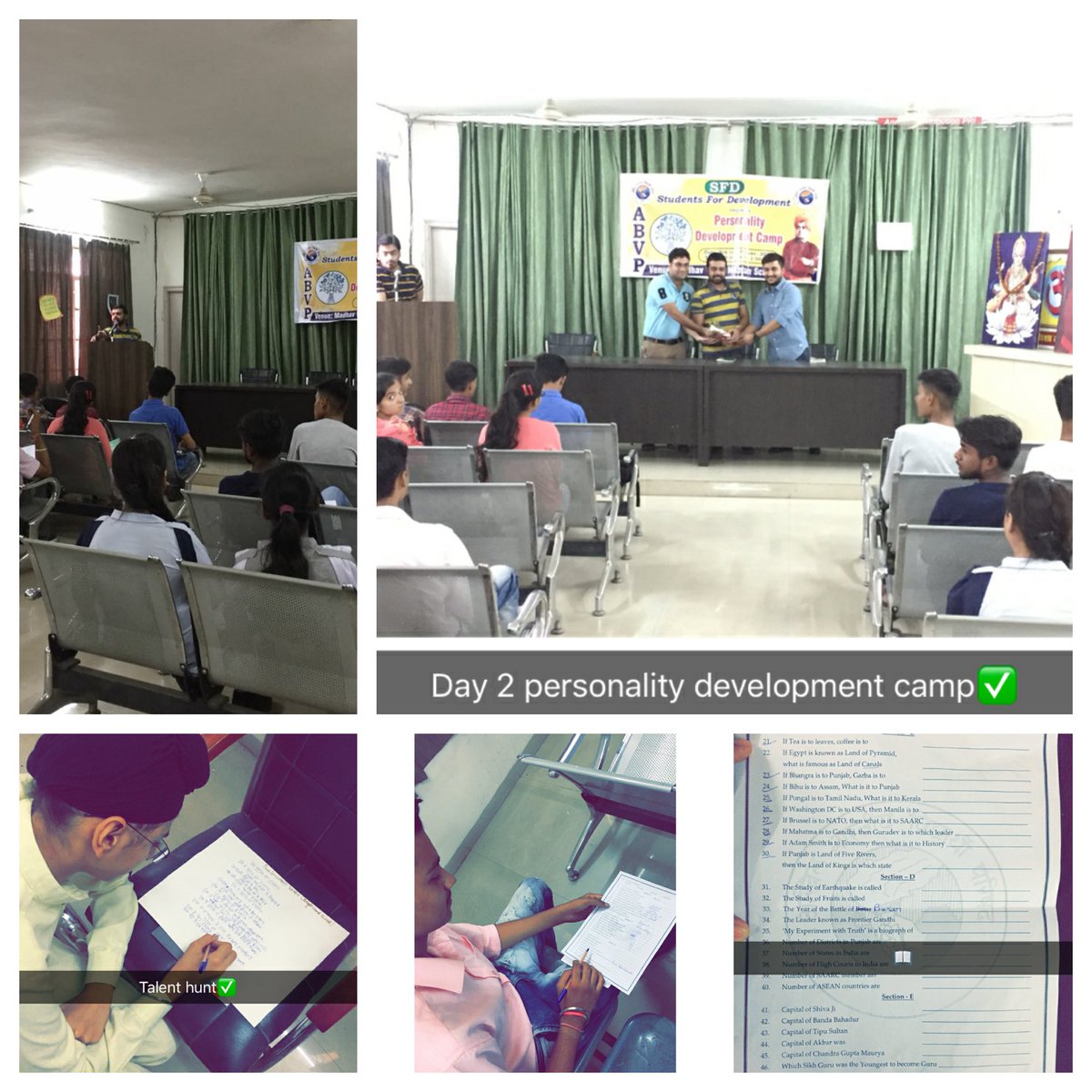 ABVPPunjab's tweet photo. 2nd Day
PERSONALITY DEVELOPMENT CAMP Amritsar Unit
1st session- Mr. Rohil oberoi ji- president ABVP amritsar- (management skills)
2nd session- Adv. Piyush Bhatia -secretary Amritsar-(talent hunt)
3rd session- Quiz competition.
#ABVP
#PDCPunjab
#PersonalityDevelopmentCamp https://t.co/31luJCl2lG