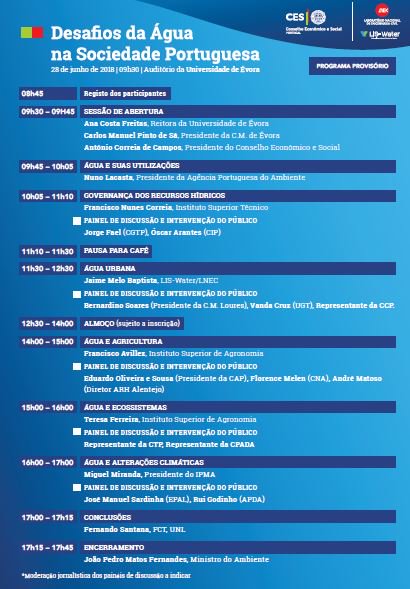 _LISWater's tweet photo. "Desafios da Água na Sociedade Portuguesa", sessão organizada pelo Conselho Económico e Social em colaboração com o @LNEC_PT e @_LISWater no 28 de junho de 2018 | 09h30 | Auditório da Universidade de Évora @univdeevora 👉📢🗓️ https://t.co/sxwxwrNWqd