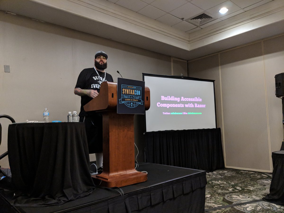 Scott_Addie's tweet image. @saltnburnem preparing to talk about accessibility and Razor at #SyntaxCon.