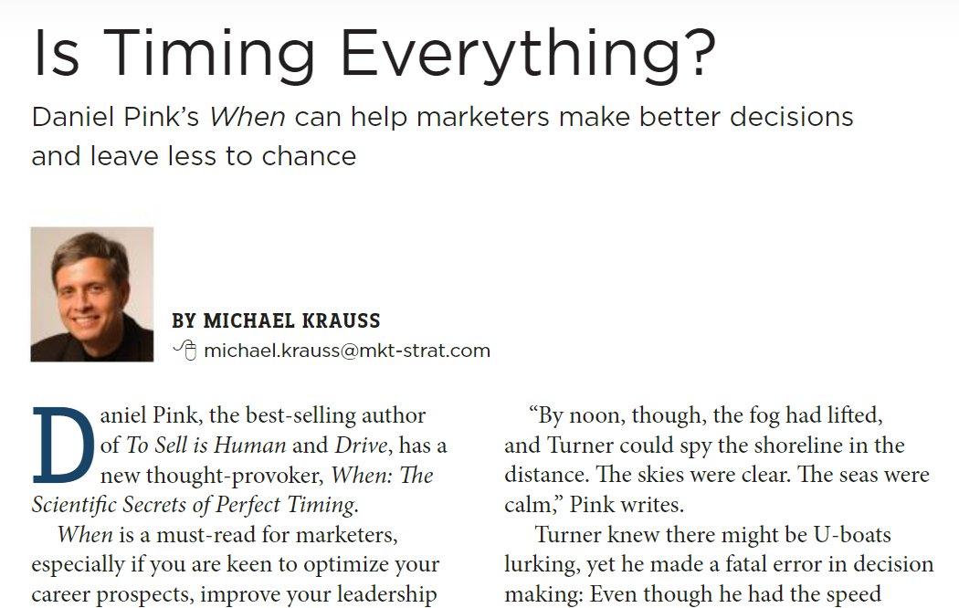 MSG President Michael Krauss's latest column in <a href="/AMA_Marketing/">AMA</a> News focuses on key insights from <a href="/danielpink/">Daniel Pink</a>'s new book, "When" bit.ly/2JrLexs