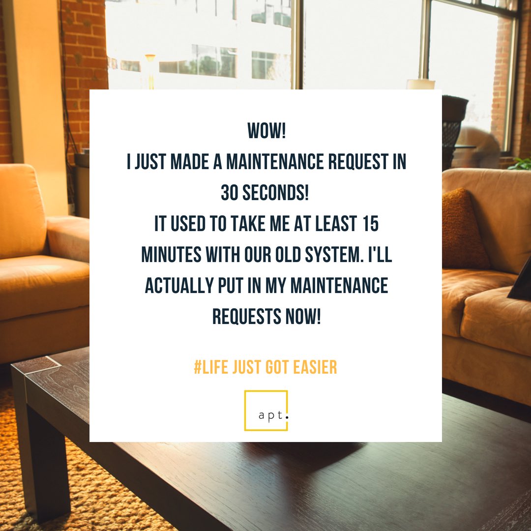 Apt_App's tweet photo. Life is too short to waste time making maintenance requests. We carefully designed our maintenance feature to be fast, efficient and empowering to residents. 👊#lifejustgoteasier https://t.co/pqh5LOT4z5