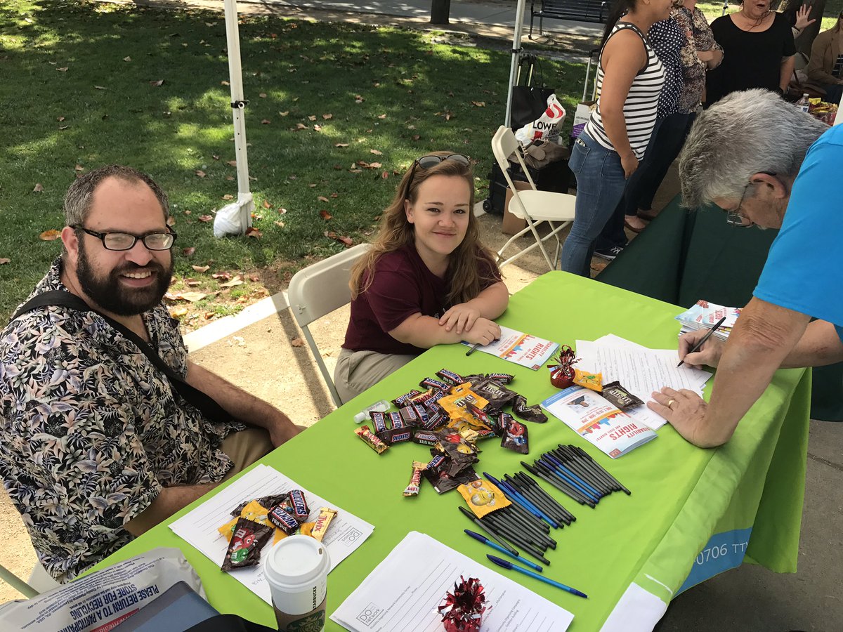 TedJacksonCA's tweet photo. The Disability Advocates from @DayleMcIntoshOC and @ilrc_trico are cons citing community surveys at the @DONetworkorg table at Disability Capitol Action Day. Come by and see them and s chance to win movie tickets! #DCAD2018 #DisabilityRights https://t.co/cEXbdATBL6