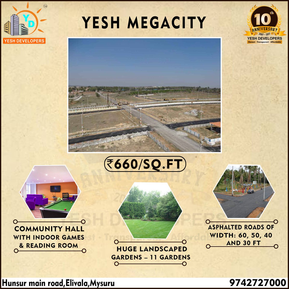 YeshDevelopers's tweet image. Yesh Megacity is all about making living comfortable. Click here to book a free site visit yeshdevelopers.com/site-visit-req…

Great facilities like community hall, well maintained gardens, well laid out roads and much more. #YeshDevelopers #PlotsOfProsperity #Investment #Mysuru