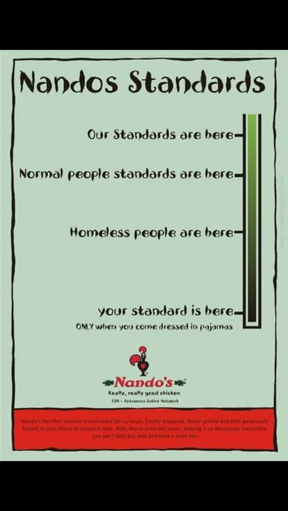 dokatch's tweet photo. Im not surprised by how distasteful this advert is. This is the same franchise that told me that they are not bothered to install a wheelchair ramp at their BBS branch! @NandosBotswana #rightyourwrong I was told that people with disabilities should go to their other branches. https://t.co/R1M95shGls
