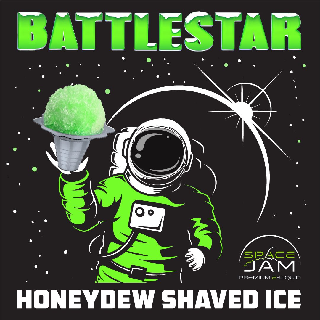 Pick up your bottle of Battlestar, a natural and artificial Honeydew Shaved Ice flavor. Available now! #spacejamjuice