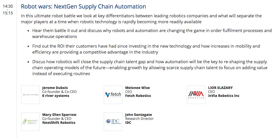 6riversystems's tweet photo. Don't miss this 2:30 p.m. session "Robot wars: NextGen Supply Chain Automation" at @eyefortransport's 3PL & Supply Chain Summit. This talented panel of robotics leaders will cover everything you wanted to know about bots in the supply chain. #SCSUS18 #3PLUS18 https://t.co/QxifyCUQDk