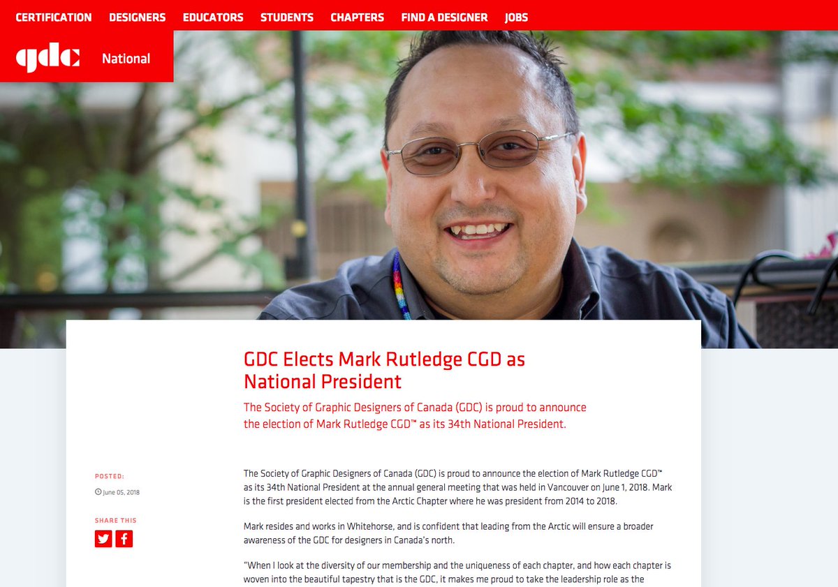 4xStudio's tweet photo. The Society of Graphic Designers of Canada (GDC) is proud to announce Mark Rutledge CGD as its 34th National President. A proud Ojibwa from Little Grand Rapids First Nation. @GDCNational https://t.co/5gldzZiPg6 #cdndesign #IndigenousDesigner #Ojibwa #FirstNation #NativeLeader https://t.co/iauLRalKsv