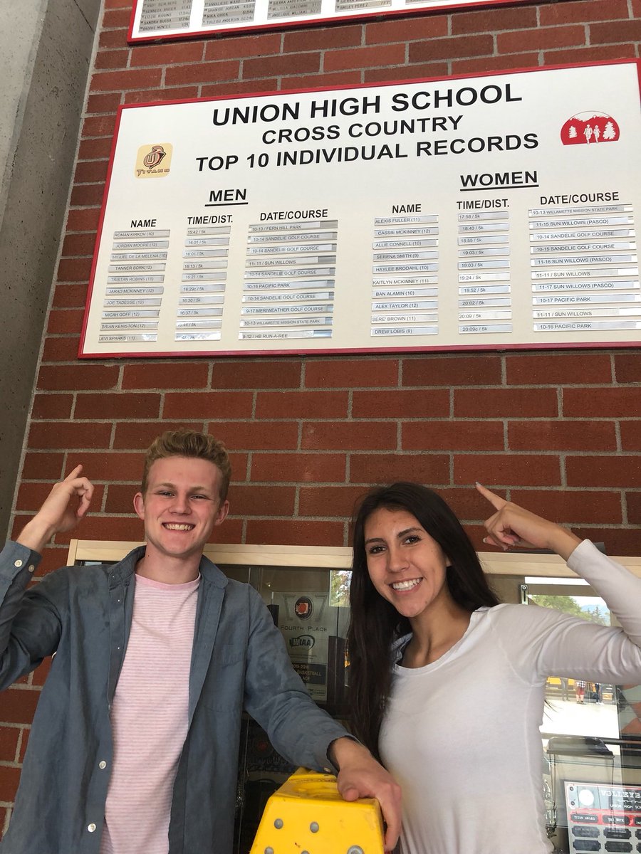 Union_XC's tweet photo. Micah and Alex standing next to their Top Ten XC marks. Shout out to all the seniors...Titan Class of ‘18! https://t.co/uYRygCf6pc