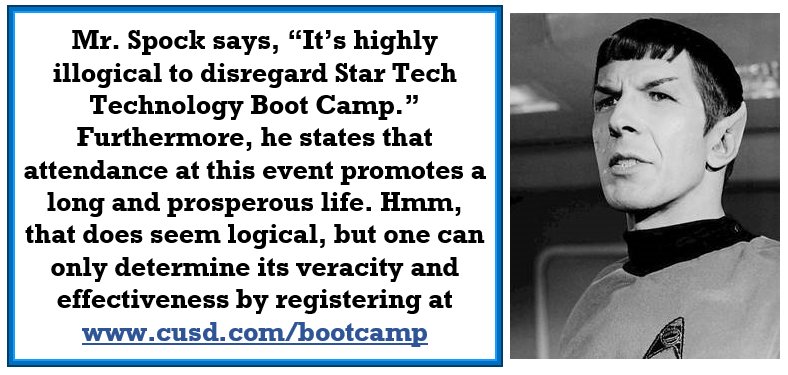 CVTechBootCamp's tweet photo. 2018 Star Tech Technology Boot Camp
June 18–20
1 unit of Professional Development credit available from FPU, $75
FREE to Clovis USD and Fresno USD
ONLY $20 FOR OTHER DISTRICTS
($20 COVERS THE ENTIRE 3-DAY EVENT!)
Location: @CARTSchool

https://t.co/eRJMNH0W8E https://t.co/y9Hm8xTpA1