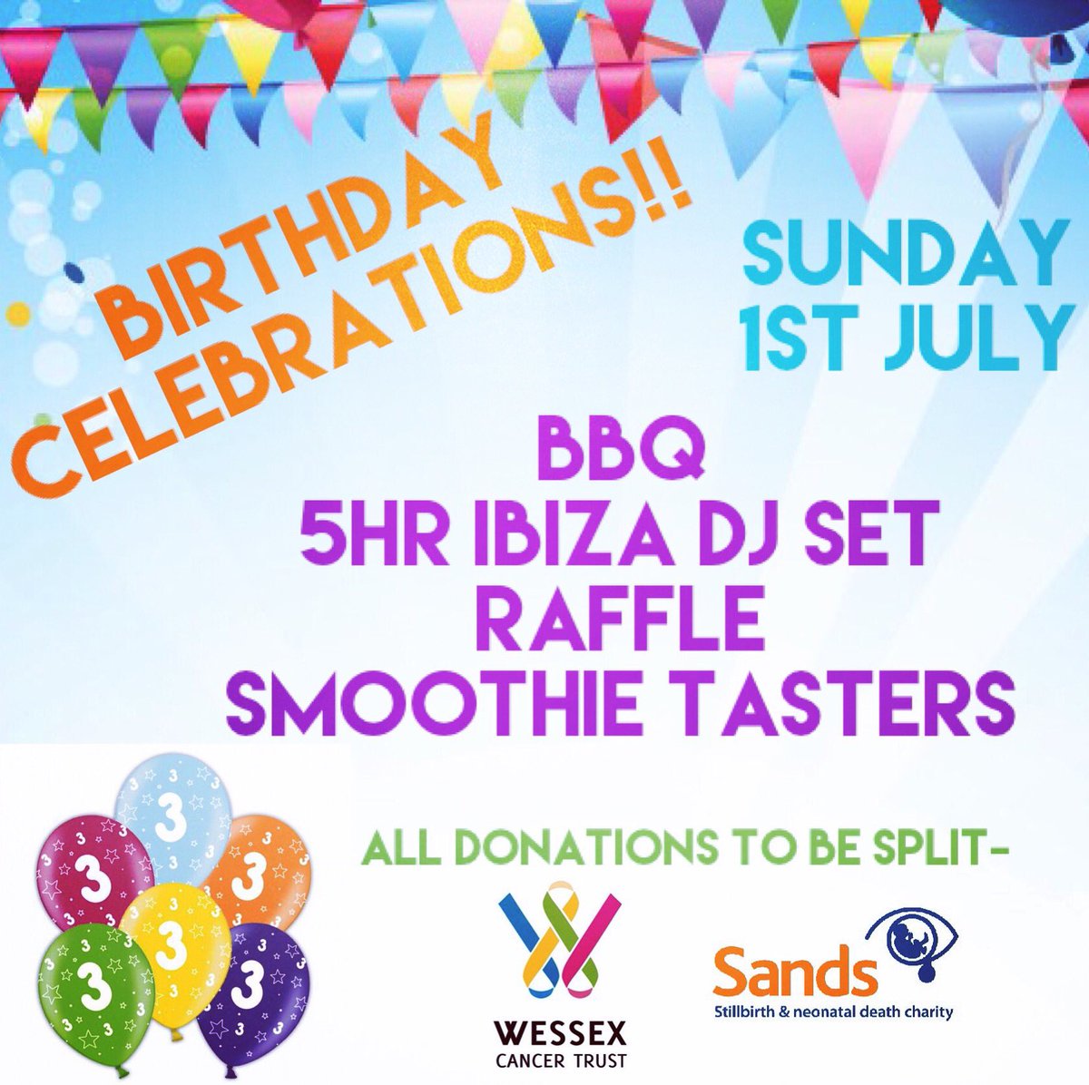 3 years is looming!!!! Come help us celebrate!! #birthdaycelebrations in aid of <a href="/WessexCancer/">Wessex Cancer Support</a>  and <a href="/SandsUK/">Sands - baby loss charity 💜🧡</a>