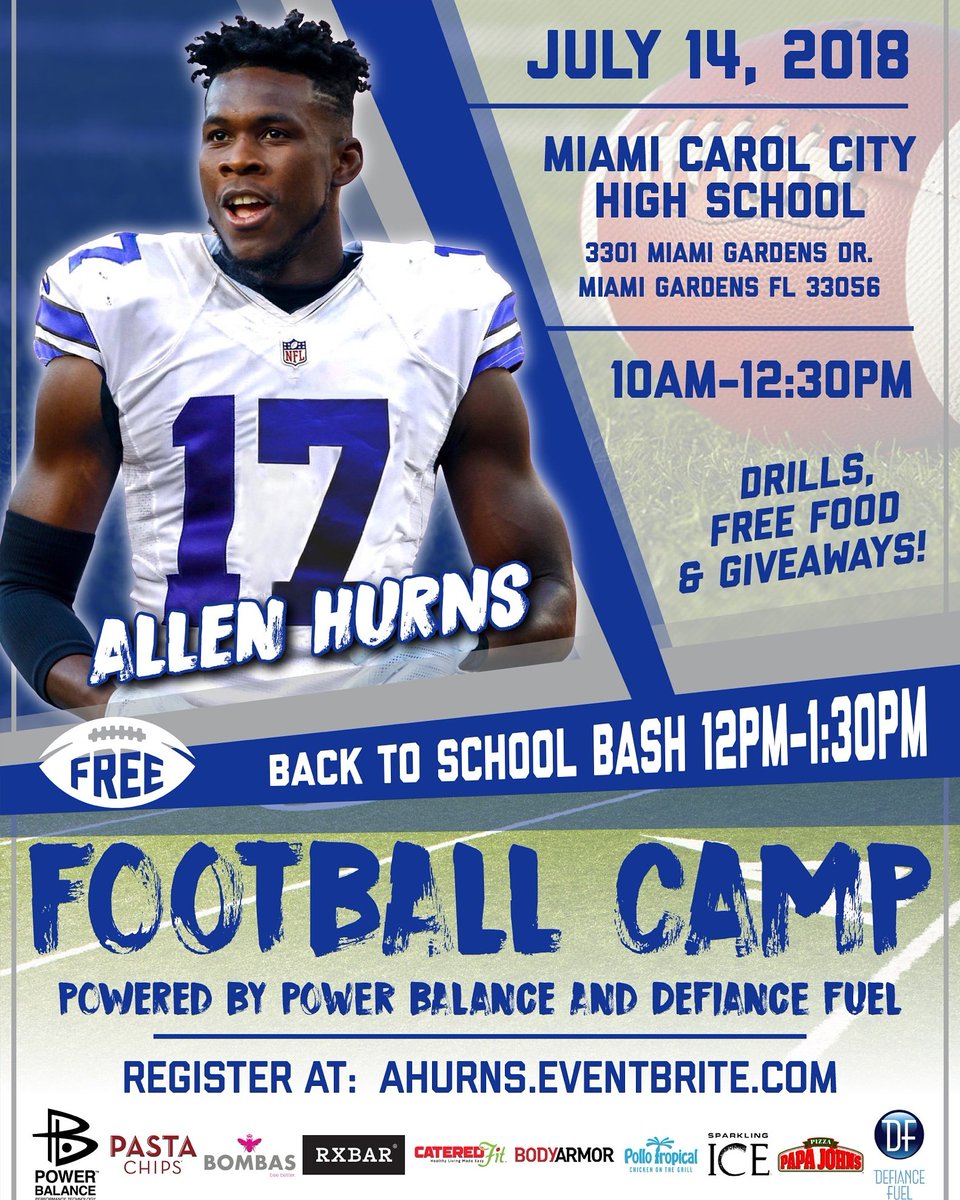 88BlessingsInc's tweet photo. Allen Hurns Football Camp & Back to School Bash scheduled on July 14, 2018 10am to 12:30pm (B2S from 12pm - 1:30pm) at the Miami Carol City HS Miami Gardens, FL
Register at https://t.co/EPZzqLbtUx #88Blessings #AllenHurns #AH17 #MiamiCarolCityHS #PowerBalance #DefianceFuel https://t.co/9bVIznSOpS