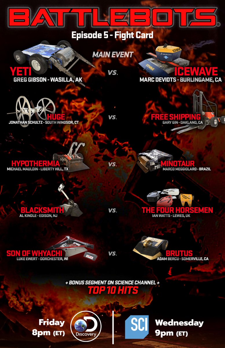 BattleBots's tweet photo. The ancient souls of dead robots have conjured an incredible fight card for tomorrow's #BattleBots. Don't miss it or you will upset them. BattleBots Fight Night - Friday, 8pm on @Discovery https://t.co/hkxaTohRij