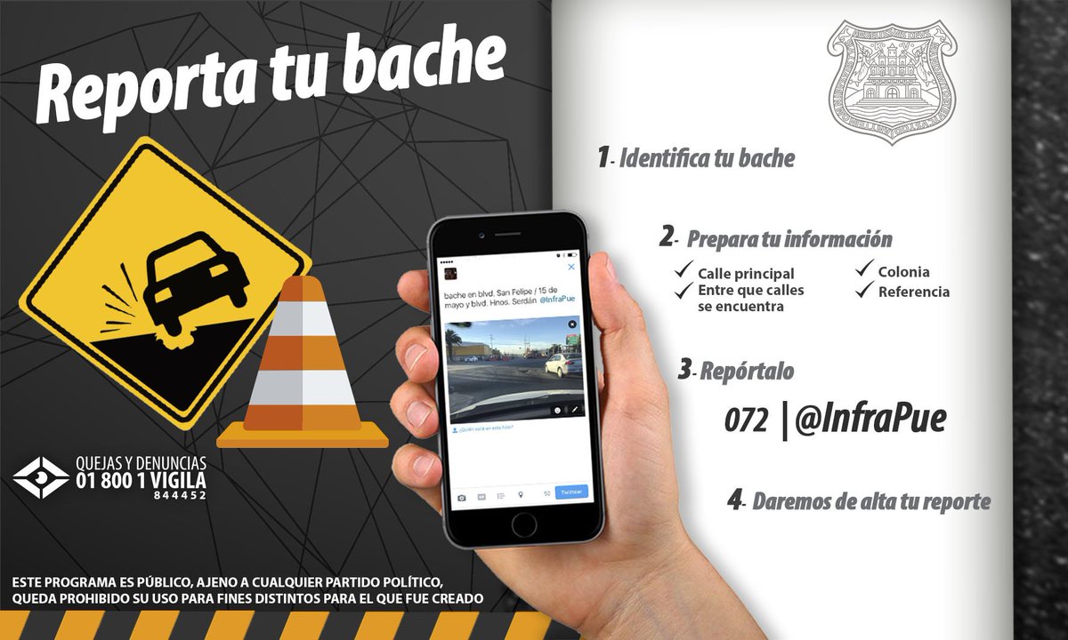 Reporta un bache a <a href="/InfraPue/">Secretaría de Movilidad e Infraestructura</a> y una cuadrilla acudirá a taparlo
#BacheoEnPuebla