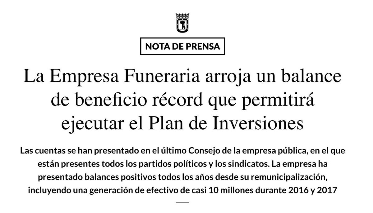 ManuelaCarmena's tweet photo. El último año en que la Funeraria de Madrid tuvo gestión privada, perdió 233.000 euros. Ahora, las ganancias de 4,1 millones permitirán mejorar cementerios y servicios. @carlossmato, @javierbarberog y su equipo han demostrado que con gestión pública los resultados son mejores. https://t.co/PxQK3Ste4F