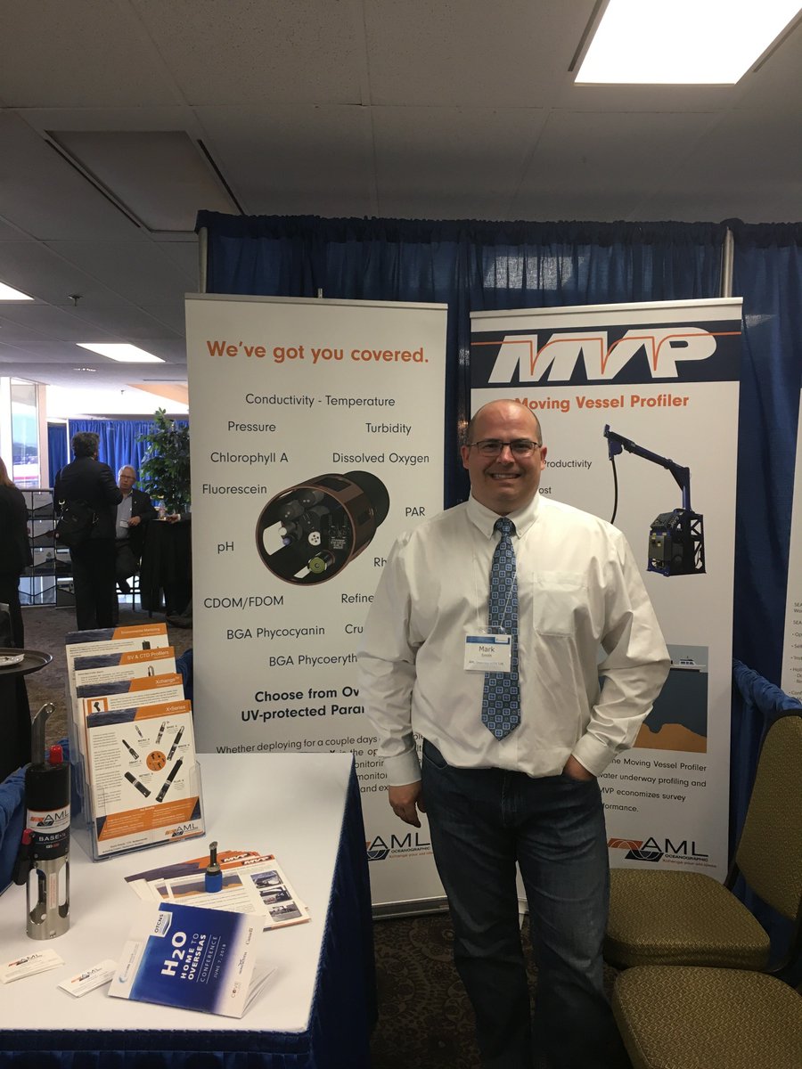 AMLocean's tweet photo. Mark is all smiles at #H2Oconference. Visit him to learn how we can help you remove unpredictability from your survey operations #movingvesselprofiler and in-situ deployments #biofoulingcontrol https://t.co/asROB6oHhR