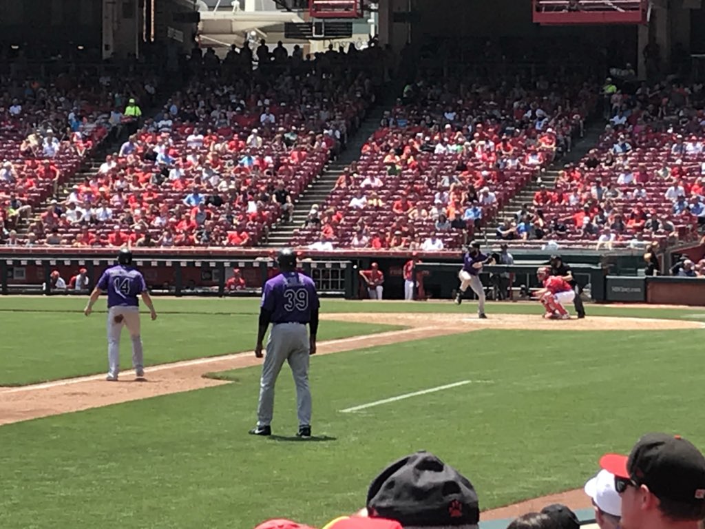 LesPahl's tweet photo. @Rockies We drove all the way to Cincinnati to watch you win some baseball! Let’s go Rockies! #wearingpurple #coloradorockies #winning #baseball https://t.co/FKRrMeG3Ds