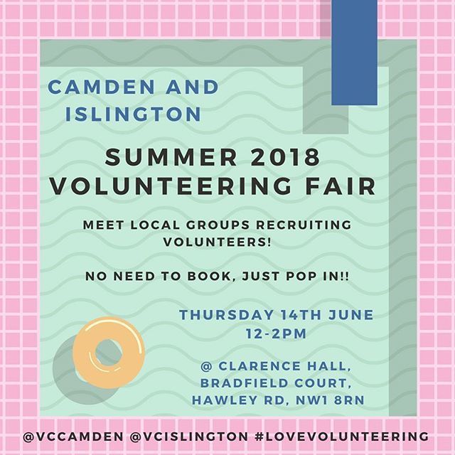 VCCamden's tweet photo. ONE WEEK TO GO, PLEASE SHARE: Come and meet 22 local organisations recruiting volunteers in Camden and Islington at our next volunteering fair on Thursday 14th June, 12-2pm at Clarence Hall in Camden Town. There's no need to book, just pop in! Full detai… https://t.co/22eBQ08J86 https://t.co/1ujWwC3hSI
