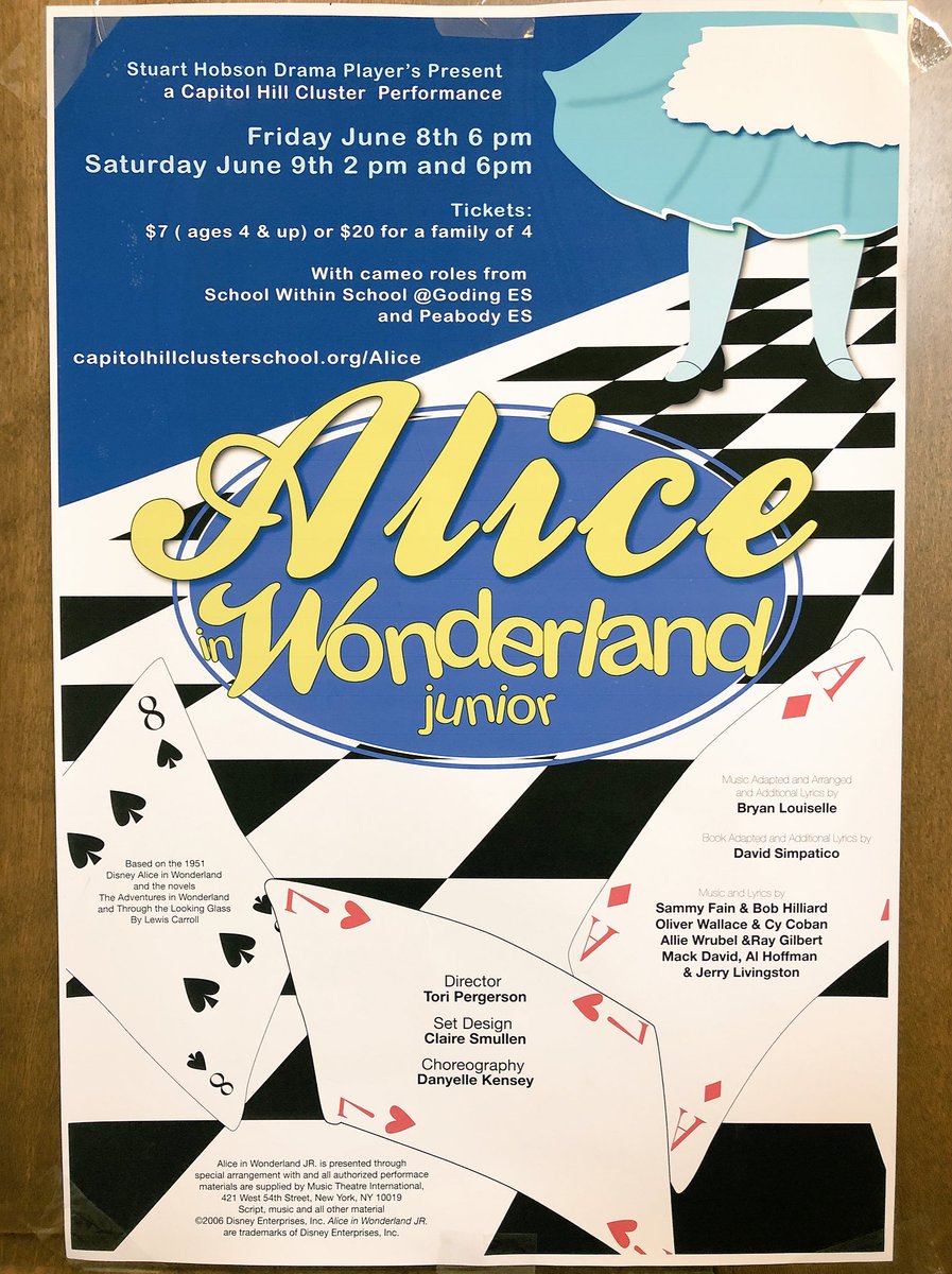 CHCSPTA's tweet photo. See you at @StuartHobsonMS for Alice in Wonderland Junior tomorrow and Saturday! Details below. Please share with all families so everyone can enjoy some terrific talent from our @dcpublicschools theater program! @charlesallen @VincentMorris @MayorBowser #ClusterRocks https://t.co/7NlCnaD7he
