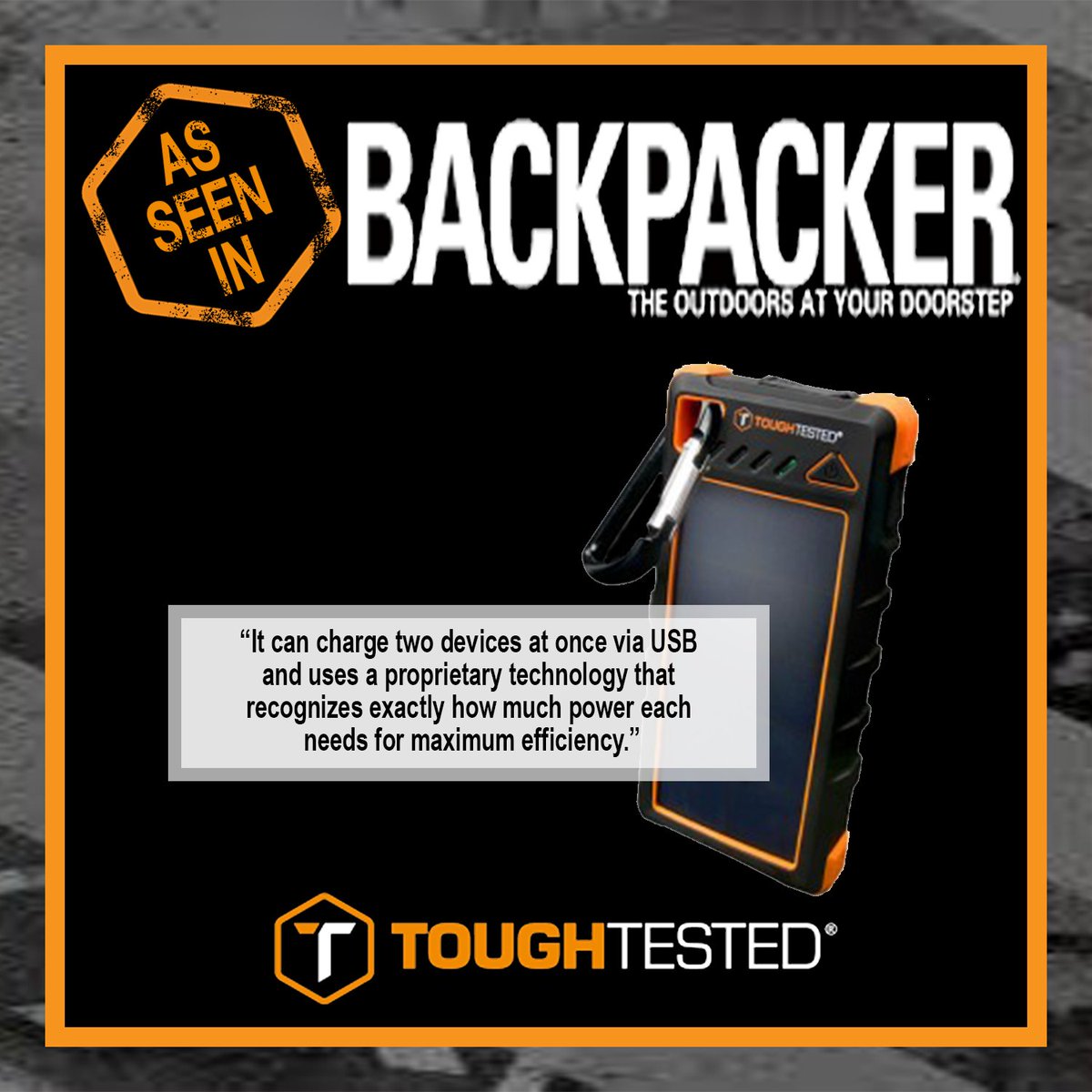 ToughTested's tweet photo. A big thanks to Backpacker for considering ToughTested's 16,000mAh Power Bank as one of the top solar chargers for backpacking! https://t.co/8fZp0YcKie https://t.co/5o95yUHpXl