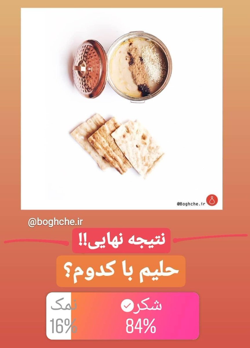 boghche_ir's tweet photo. @KallehBrand ۸۴ درصد از مخاطب‌های بقچه حلیم رو با شکر ترجیح دادن ⁦:-)⁩ https://t.co/pisqKDibr7