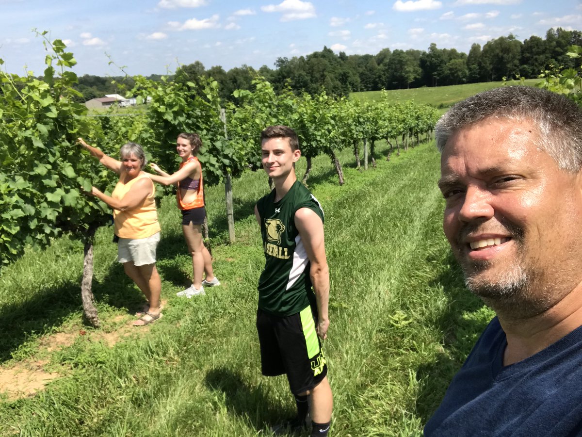 stanburnwine's tweet photo. We really mean it’s a family operation. Dad is spraying while Mom, the kids and I tuck Chardonnay into the catch wires. It’s a beautiful day to work on farmer tans! #vawine #pcva #swva #vineyardwork #farmertan https://t.co/tGhdDWf0SR