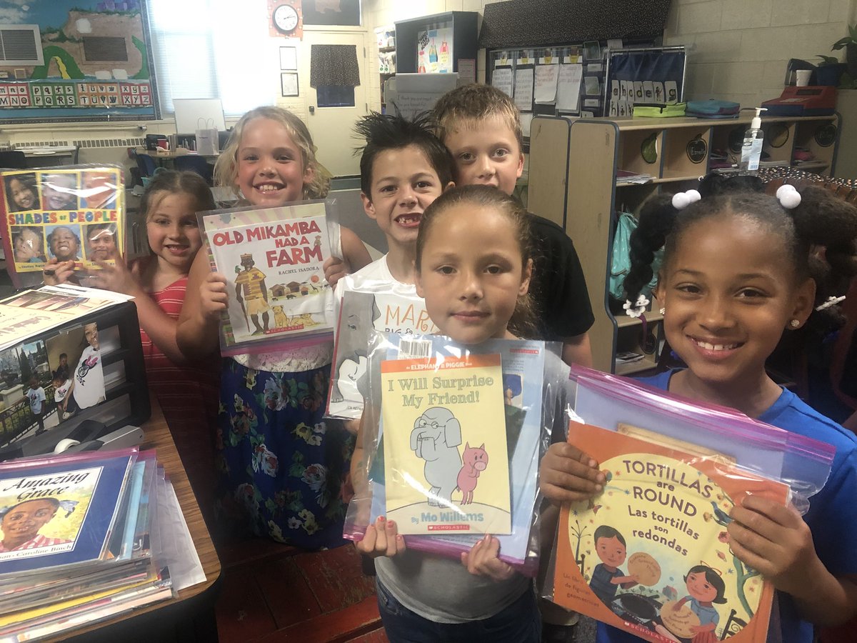 Our K-3 students were so excited to receive books to take home over the summer today! Thank you @MarkRJohnsonNC! #welovereading  #booksarefun